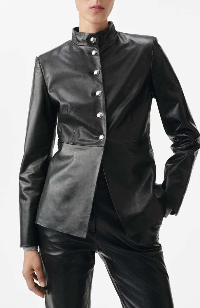 MANGO Selection Band Collar Leather Jacket, Main, color, Black