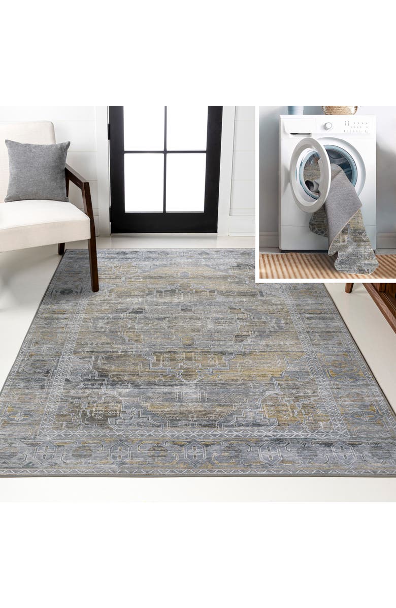JONATHAN Y Alanya Ornate Medallion Machine-Washable Area Rug, Main, color, Gray/Mustard