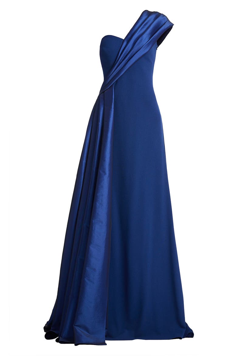 One-Shoulder Crepe & Taffeta Ballgown, Alternate, color, NAVY