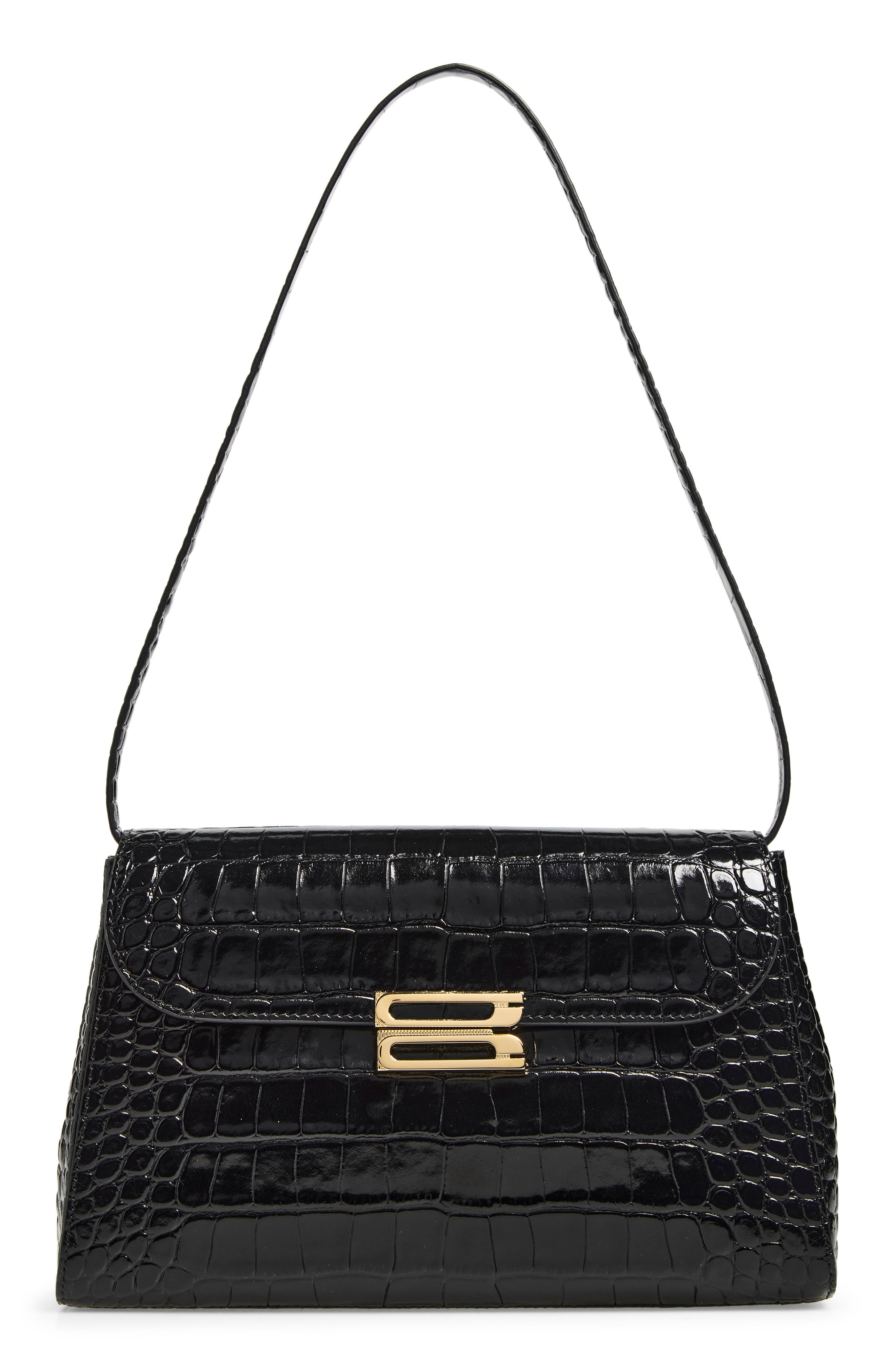 Dorian Croc Embossed Leather Trapeze Bag, Main, color, BLACK 1