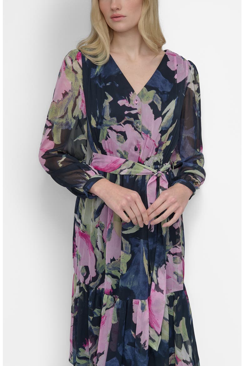 Floral V-Neck Long Sleeve Midi Fit & Flare Dress, Alternate, color, NAVY/ PINK