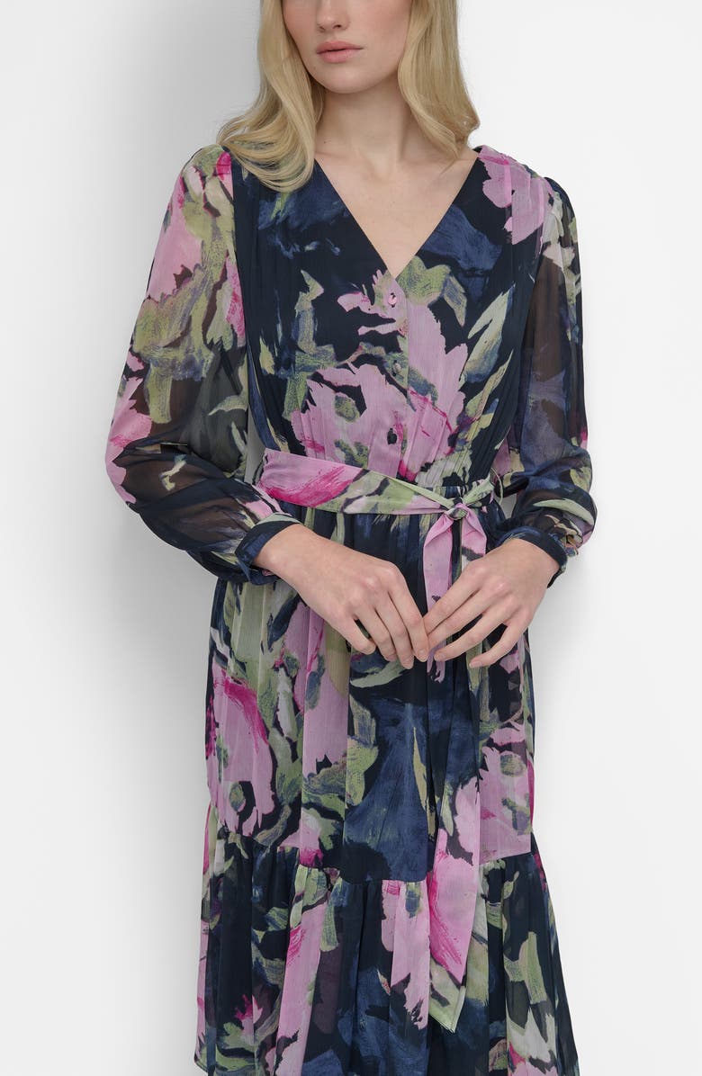 DKNY Floral V-Neck Long Sleeve Midi Fit & Flare Dress, Alternate, color, Navy/ Pink