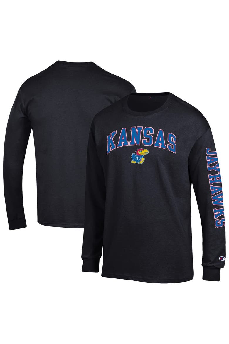 Men's Champion  Black Kansas Jayhawks Arch Over Logo 2-Hit Long Sleeve T-Shirt, Main, color, Black