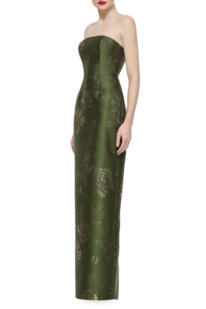 Jacqueline Gilt Floral Strapless Satin Twill Column Gown, Alternate, color, OLIVE/ GOLD