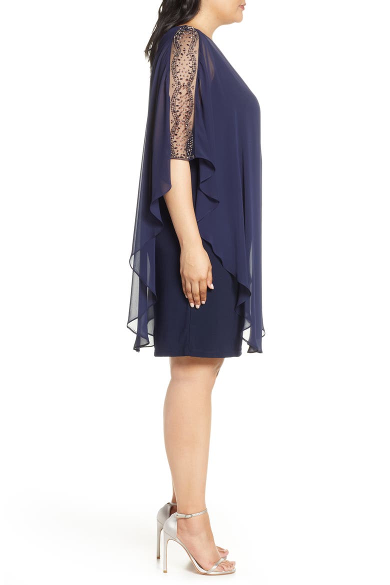Xscape Chiffon Overlay Beaded Sleeve Cocktail Dress, Alternate, color, NAVY