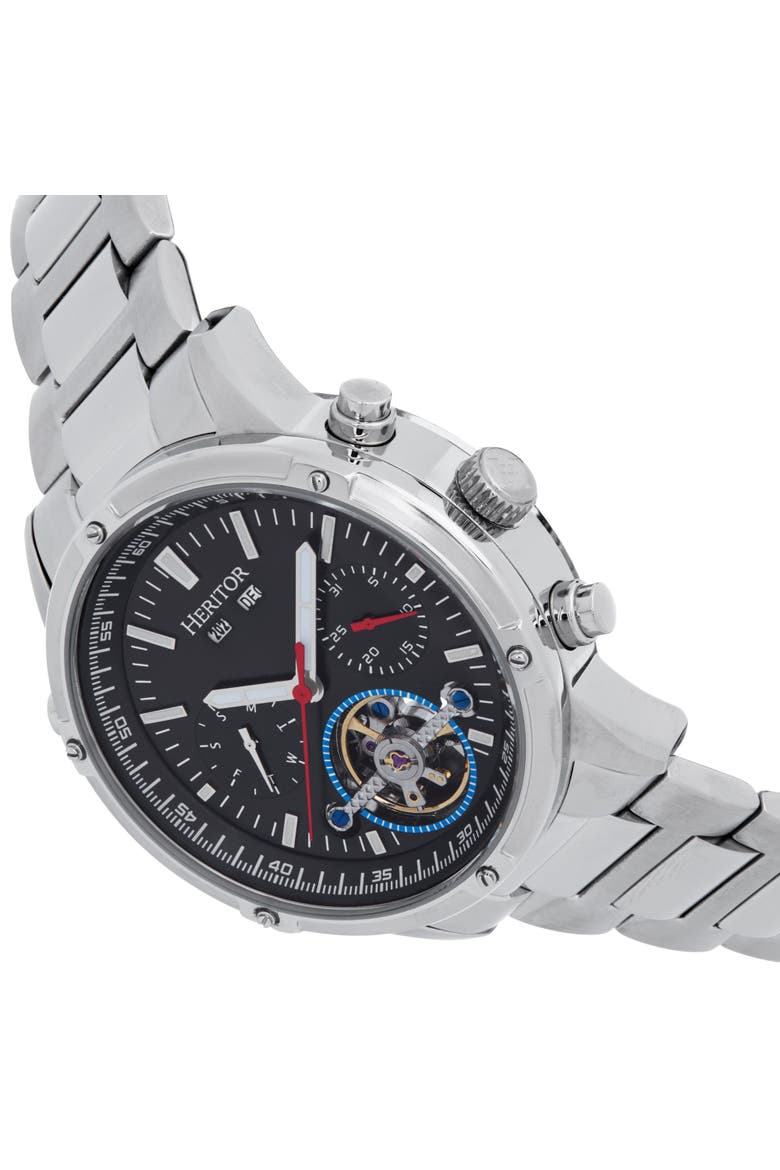 Wilhelm Day-Date Semi Skeleton Automatic Watch w/ Stainless Steel Band, Alternate, color, Black