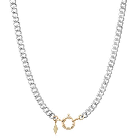 Two Tone Sterling Silver Curb Chain Necklace with 14K Sailor Lock