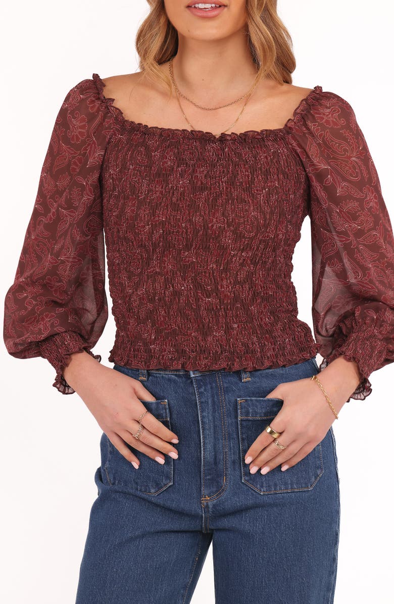Petal & Pup Alberta Shirred Crop Top, Alternate, color, Burgundy Paisley