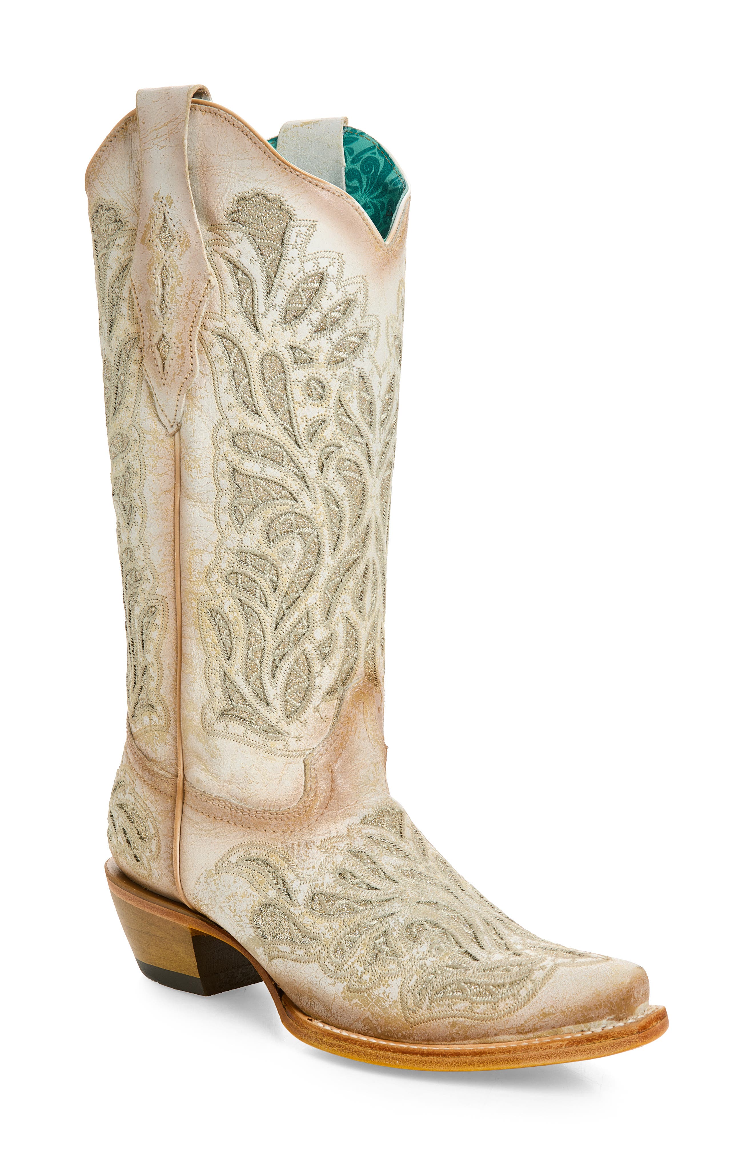 Glitter Embroidered Cowboy Boot, Main, color, WHITE