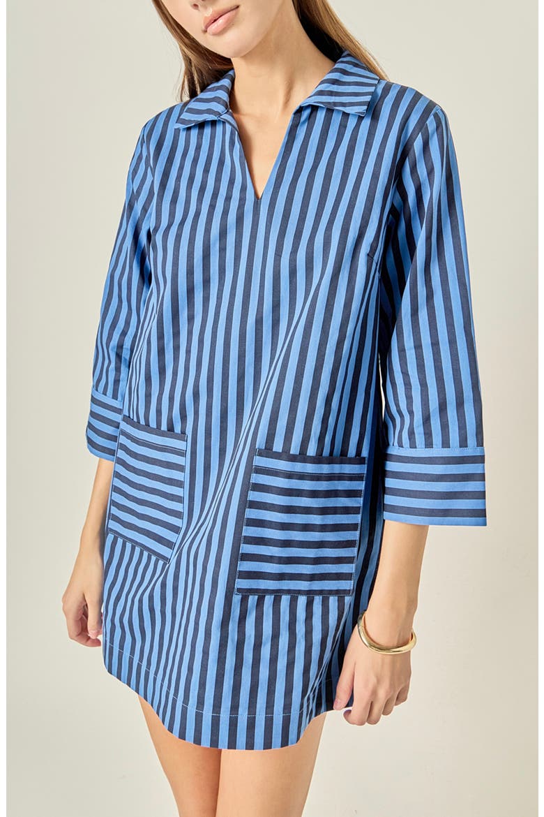 Striped Kaftan Collar Minidress, Alternate, color, NAVY/ BLUE