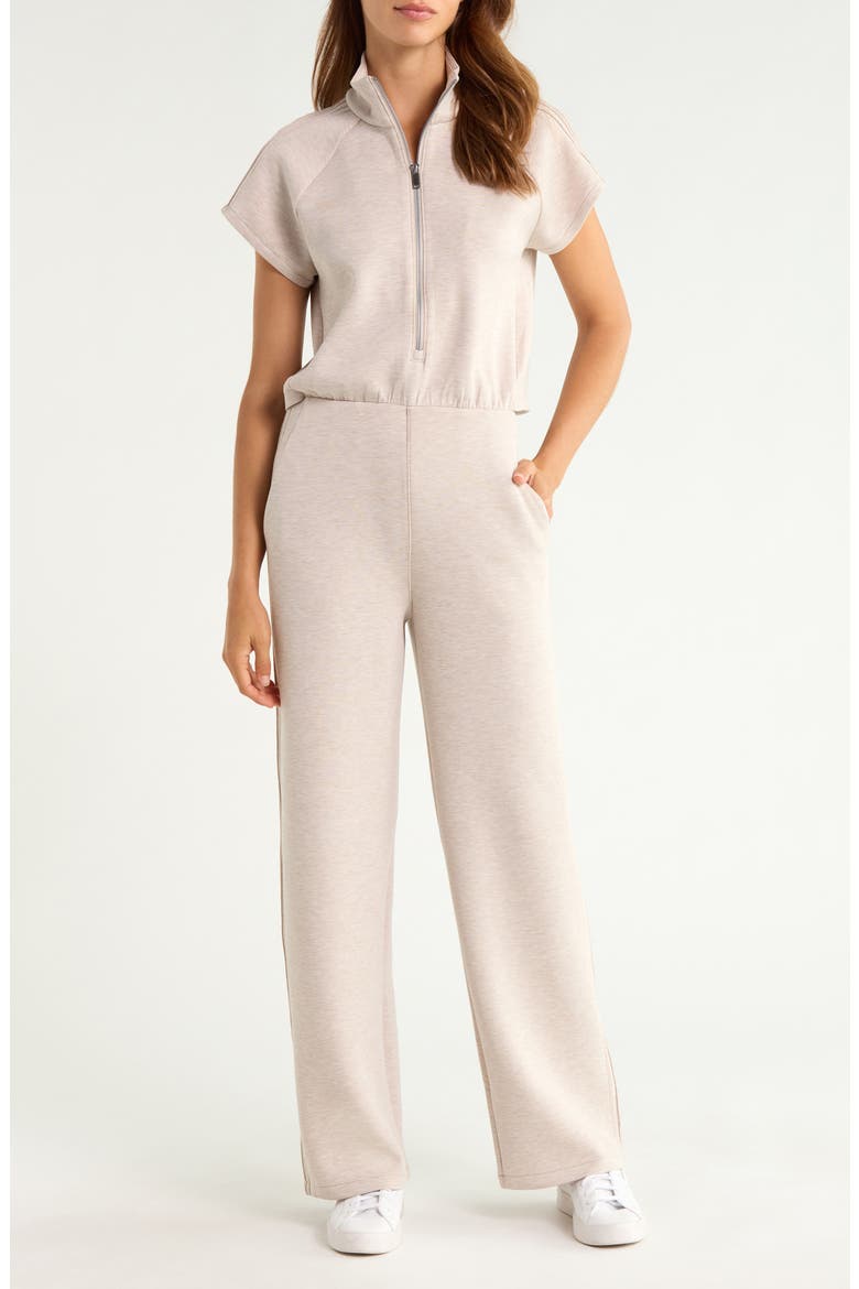 Pintuck Half Zip Jumpsuit, Main, color, BONE HEATHER