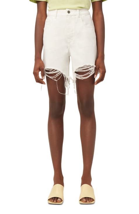 Emilie Ripped High Waist Fray Hem Denim Shorts (White Raw)