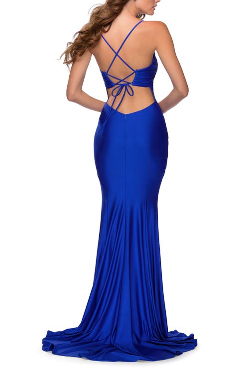 La Femme Form Fitting Dress With Ruched Bow Bodice In Royal Blue