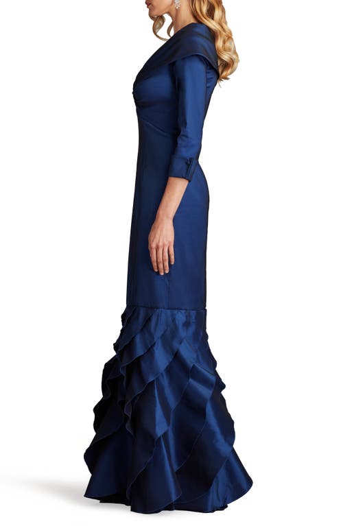 Tadashi Shoji Ruffle Taffeta Column Gown In Navy