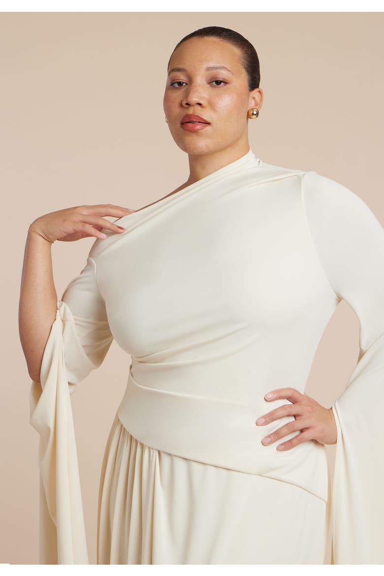 Cape Sleeve Draped Dress, Alternate, color, WHITE SWAN