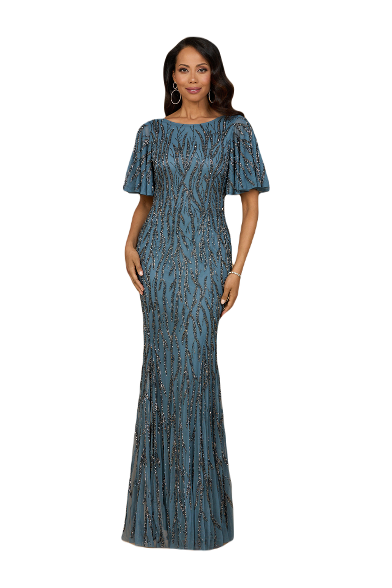 Beaded Gown with Flutter Sleeves, Main, color, Grey