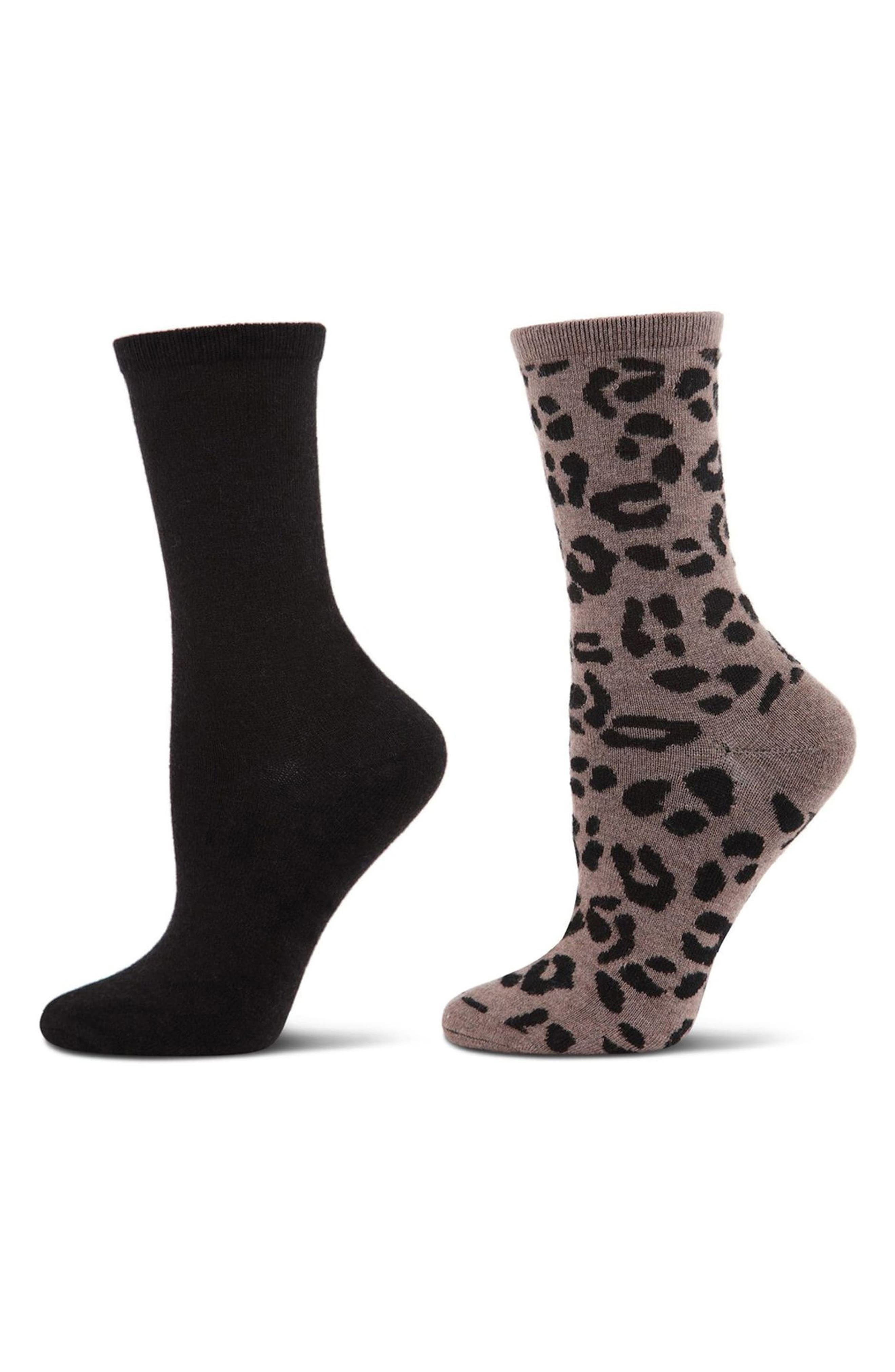 MeMoi Leopard Assorted 2-Pack Crew Socks in Brown Heather 
