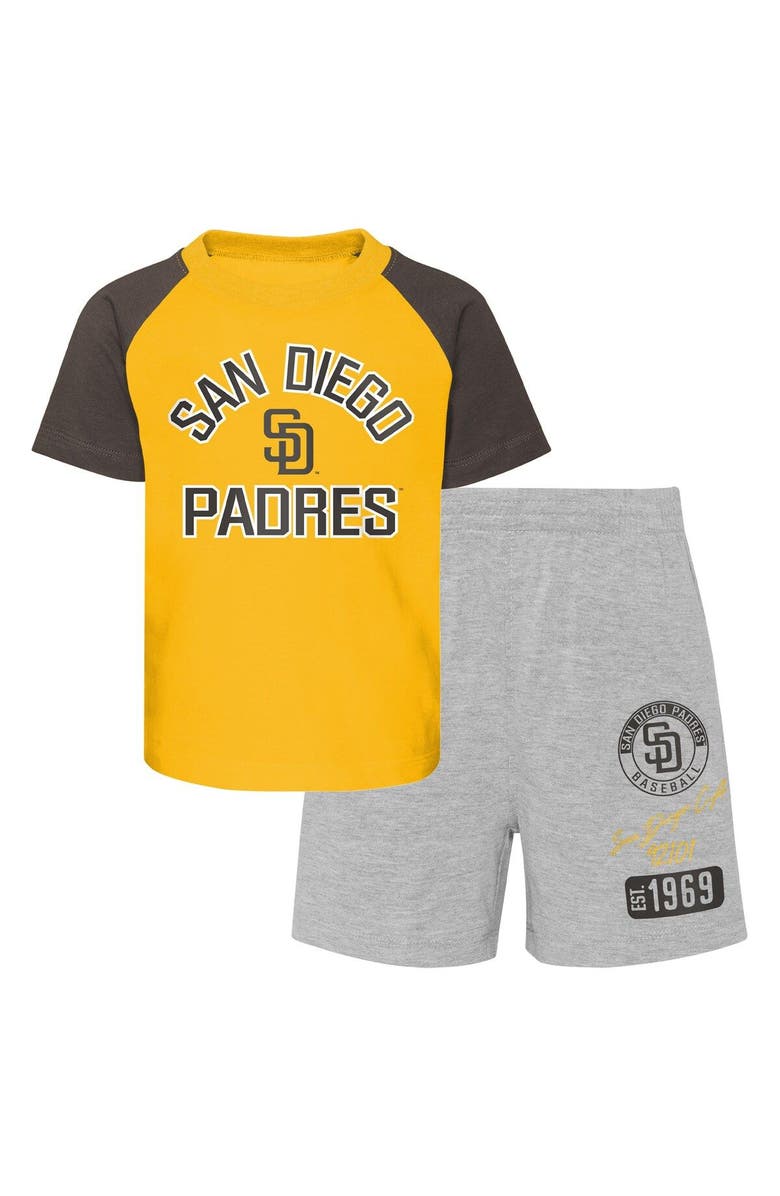 Outerstuff Infant Gold/Heather Gray San Diego Padres Ground Out Baller Raglan T-Shirt and Shorts Set, Main, color, 