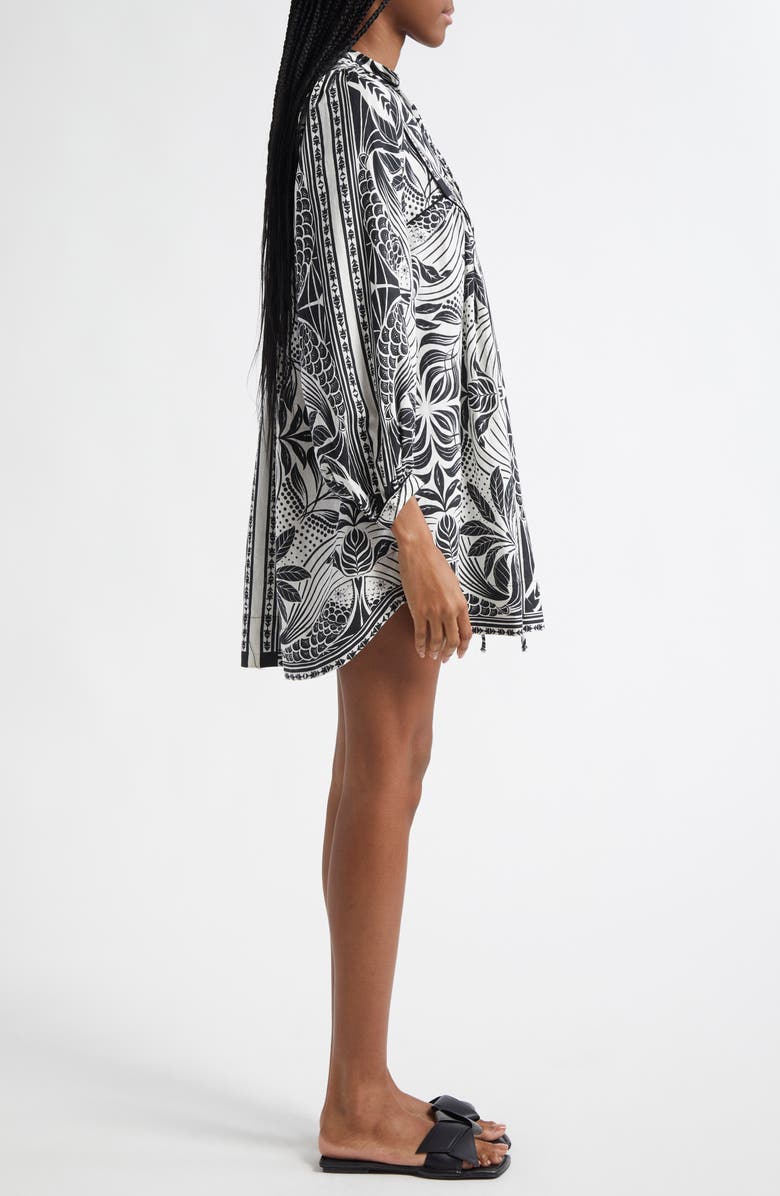 FARM Rio Monochrome Elegance Scarf Print Long Sleeve Linen Blend Minidress, Alternate, color, Black And White
