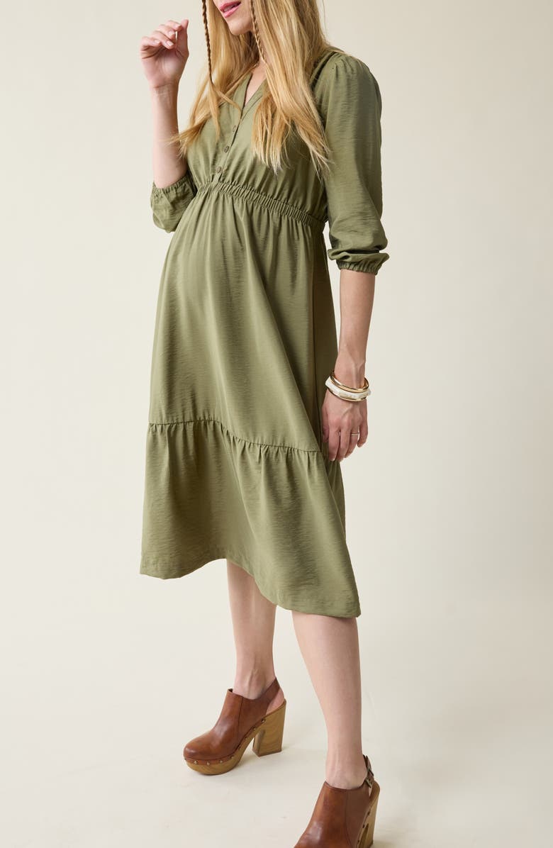 Ingrid & Isabel<sup>®</sup> Versatile Button Front Tiered Woven Maternity/Nursing Dress, Main, color, Olive