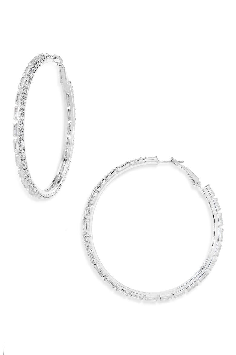 Crystal Hoop Earrings, Main, color, SILVER CZ