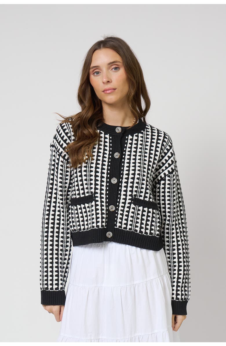 Central Park West Skye Scallop Stitch Cardi, Main, color, Black/White