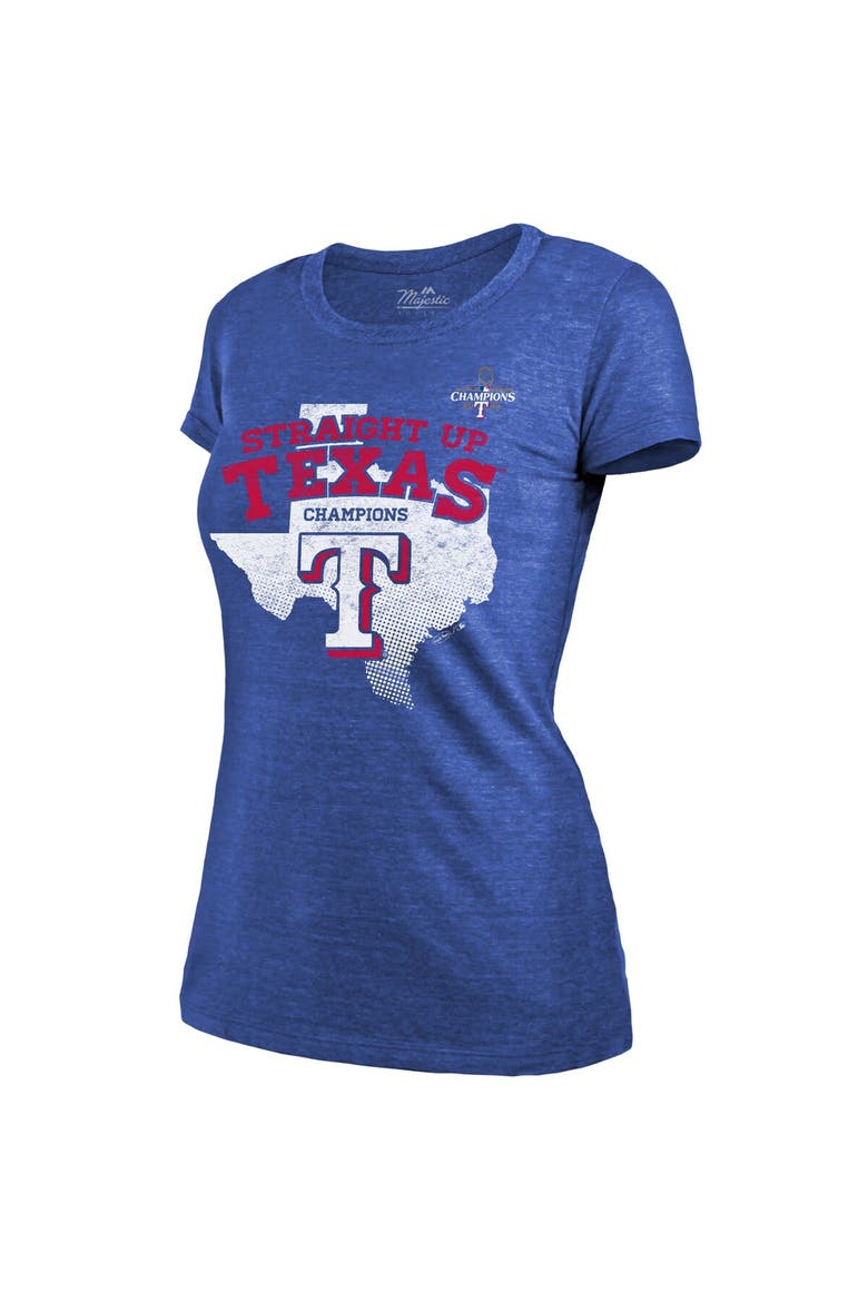 Women's Majestic Threads Royal Texas Rangers 2023 World Series Champions Local Ground Rules Roster Tri-Blend Fitted T-Shirt, Alternate, color, Royal