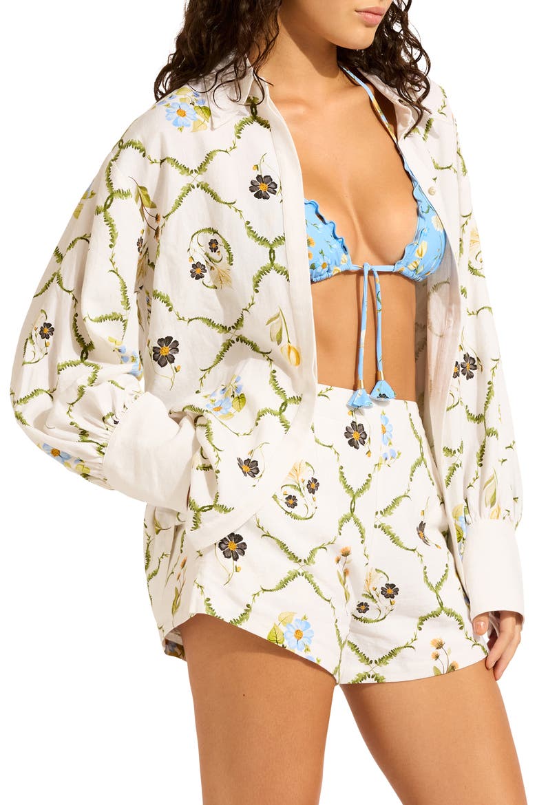 Floral Linen Blend Cover-Up Shirt, Alternate, color, WHITE