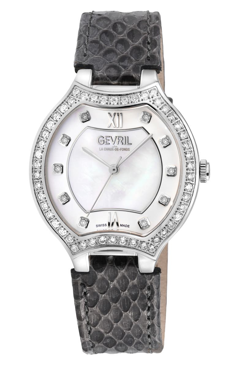 GEVRIL Lugano Diamond Croc Embossed Leather Strap Watch, 38mm, Main, color, 