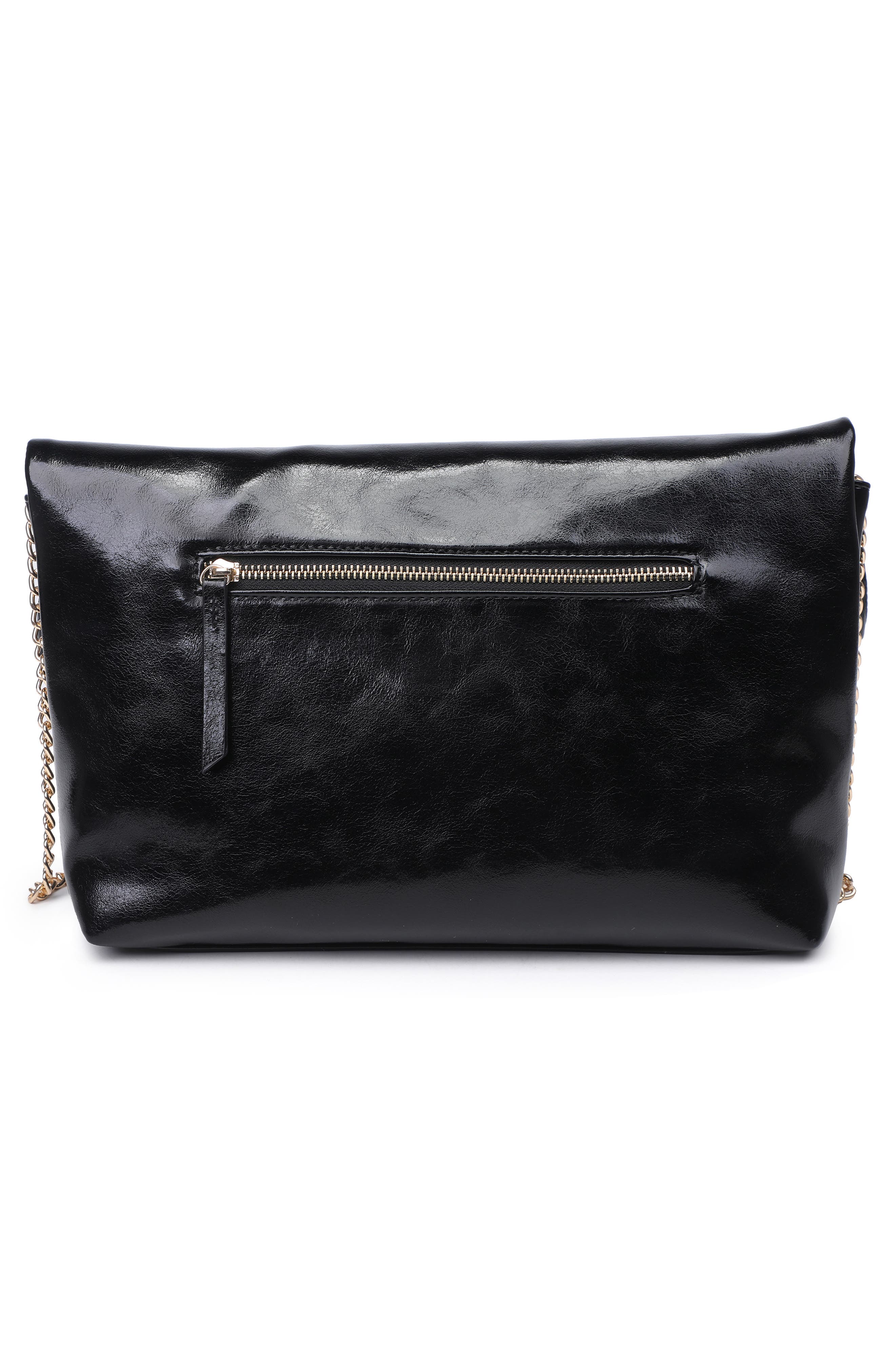 Faux Leather Foldover Clutch, Alternate, color, BLACK