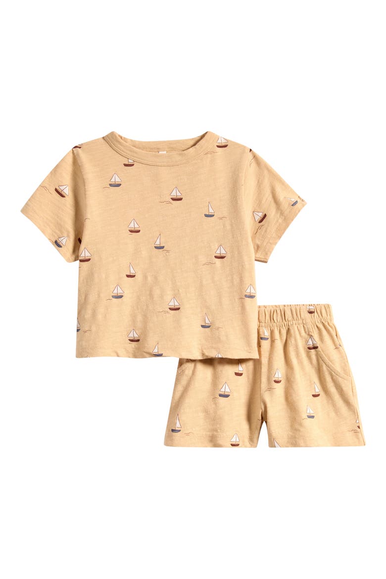 Sailboats Cotton T-Shirt & Shorts Set, Main, color, BUTTERSCOTCH