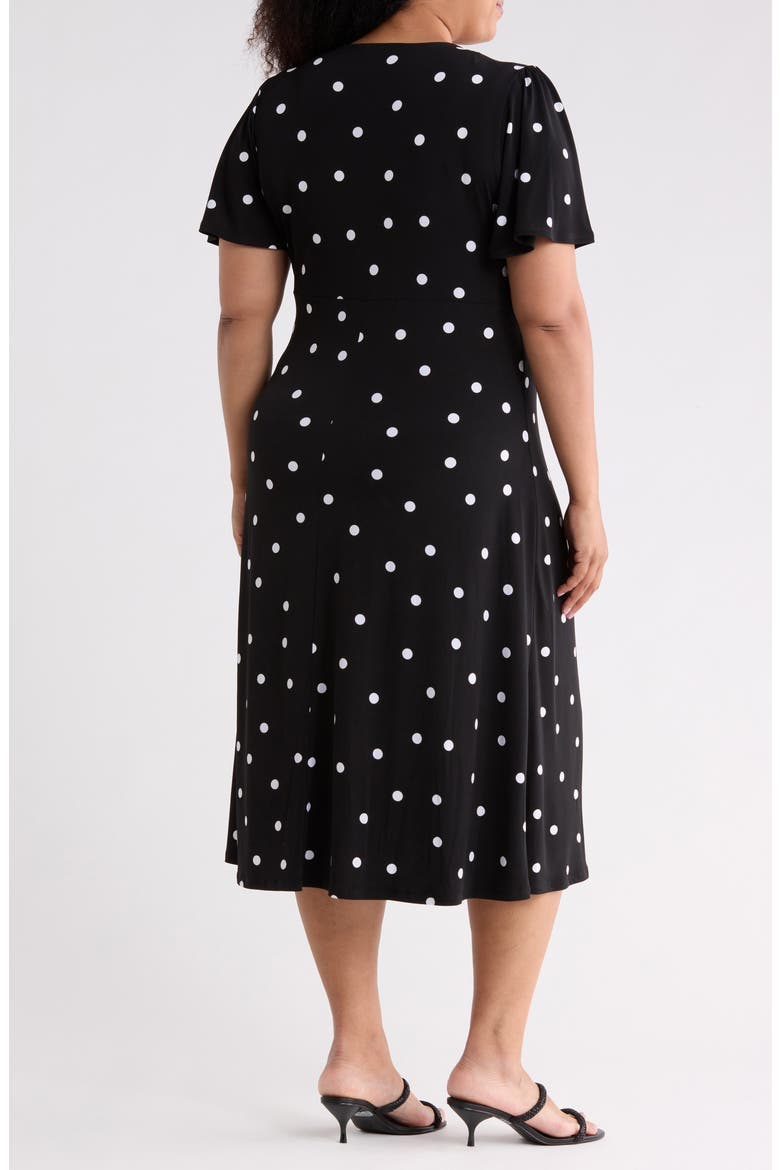 Flutter-Sleeved V-Neck Midi Dress, Alternate, color, BLACK/ WHITE POLKA DOT