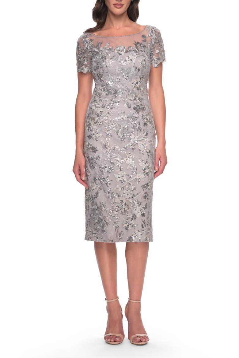 Lace and Sequin Short Dress with Illusion Neckline, Main, color, Silver