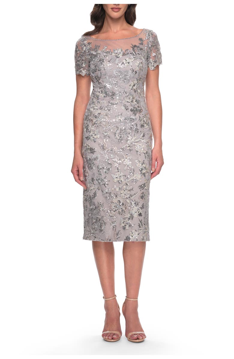 La Femme Lace and Sequin Short Dress with Illusion Neckline, Main, color, Silver