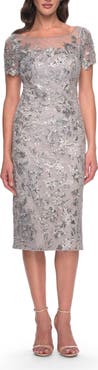 La Femme Lace and Sequin Short Dress with Illusion Neckline