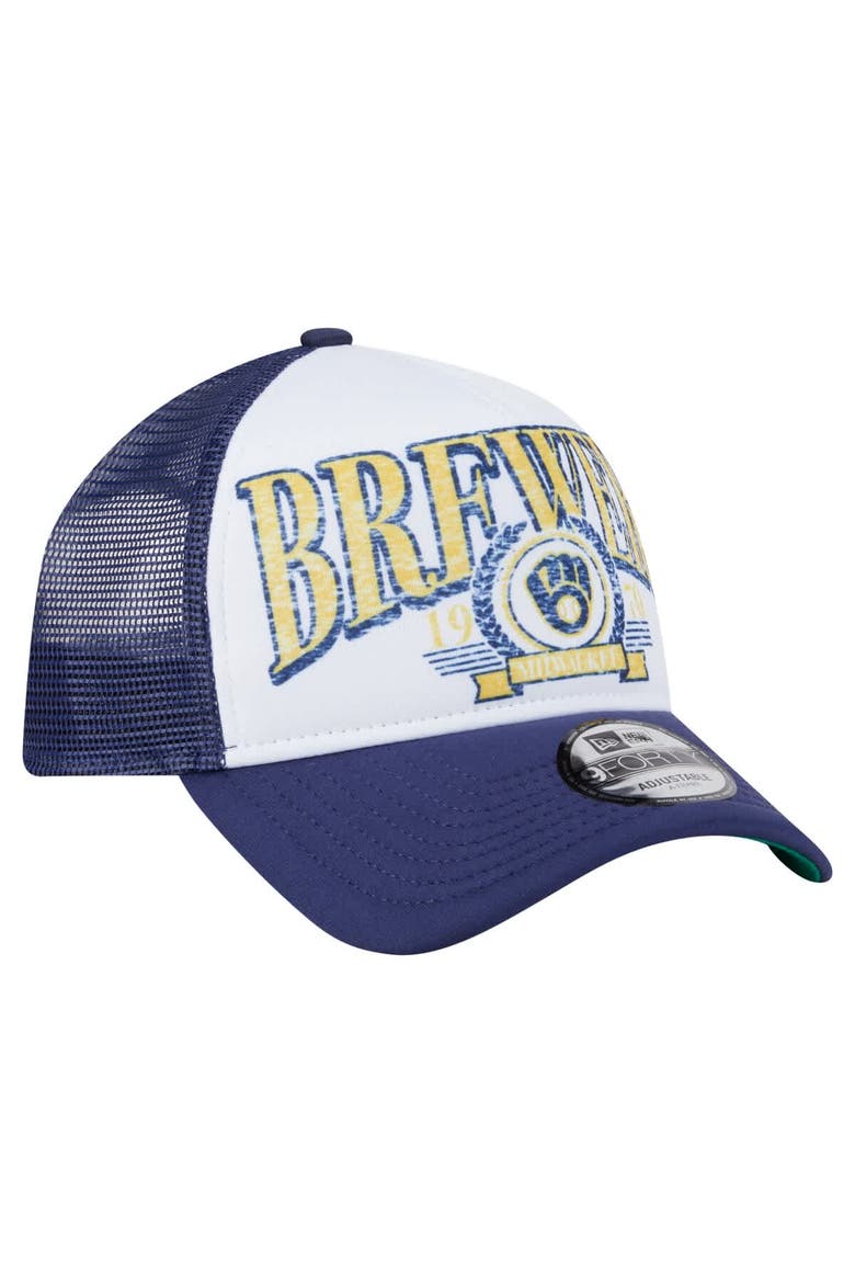 Men's New Era  White Milwaukee Brewers Distressed 9FORTY A-Frame Adjustable Trucker Hat, Alternate, color, White
