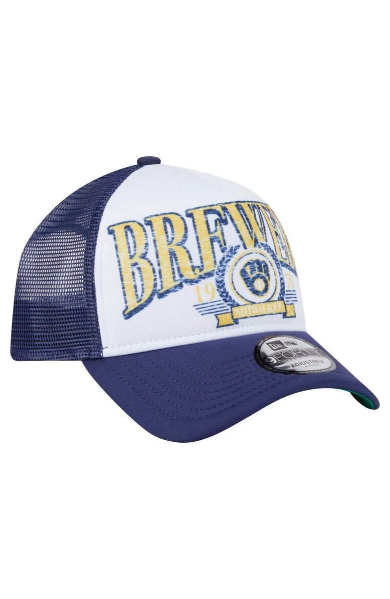 New Era Men's New Era  White Milwaukee Brewers Distressed 9FORTY A-Frame Adjustable Trucker Hat, Alternate, color, White