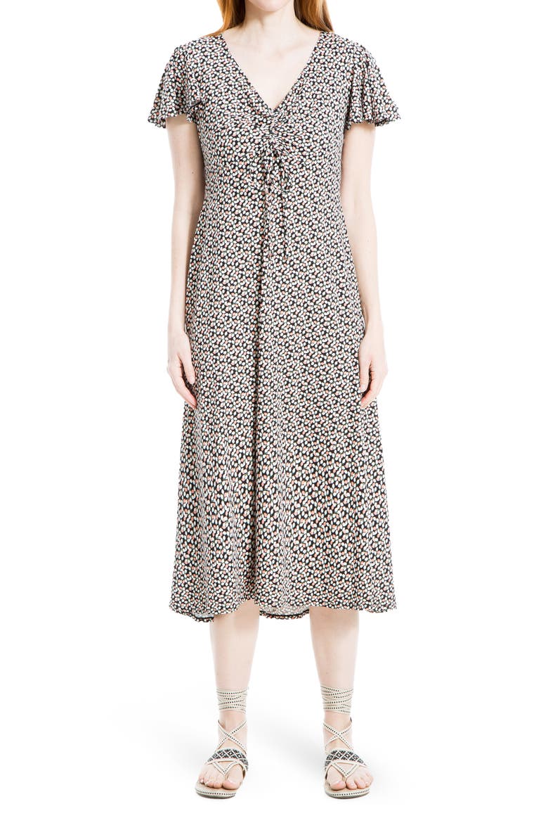 Cinched Sleeve & Front Midi Dress, Main, color, BLACK/ CORAL BUDS