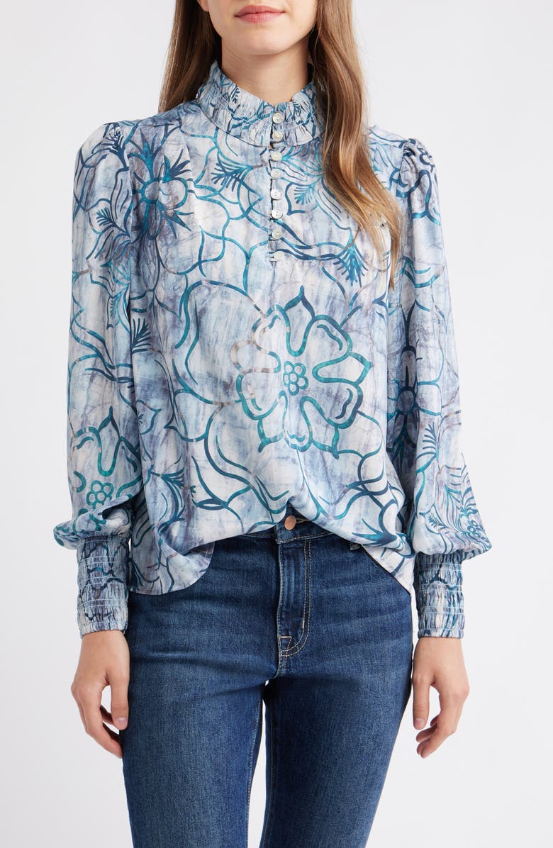 APNY Smocked Cuff Long Sleeve Top, Main, color, Turquoise Multi