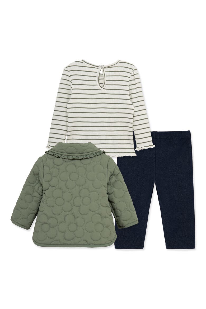Set of 3 Stripe Rib Top, Knit Pants & Quilted Daisy Jacket, Alternate, color, GREEN