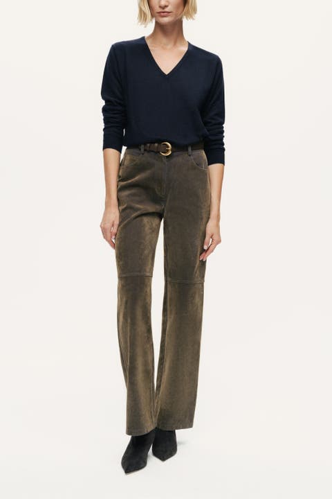 Suede Panel Straight-Leg Pants