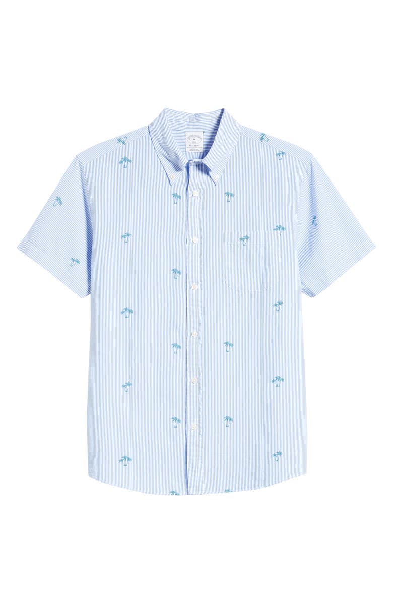 Brooks Brothers Regent Fit Seersucker Stripe Short Sleeve Button-Down Shirt, Alternate, color, Blue Stripe Palm
