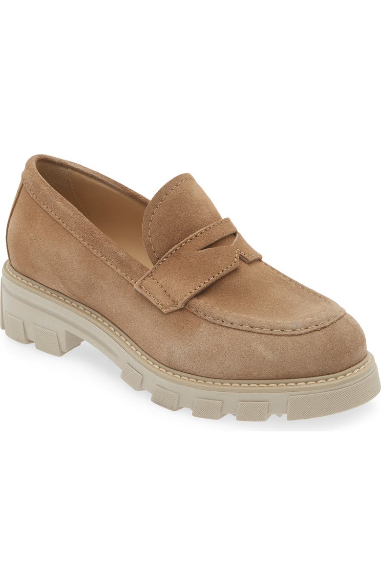 La Canadienne Daniel Waterproof Platform Penny Loafer, Main, color, Biscotti Suede
