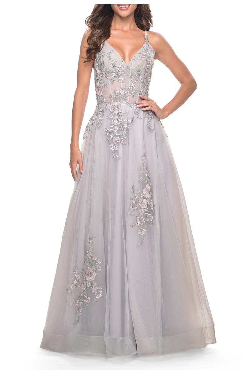 La Femme A-Line Tulle Prom Dress with Scattered Lace Applique, Main, color, Silver