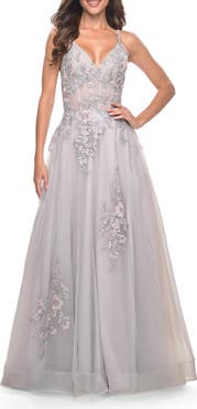 La Femme A-Line Tulle Prom Dress with Scattered Lace Applique