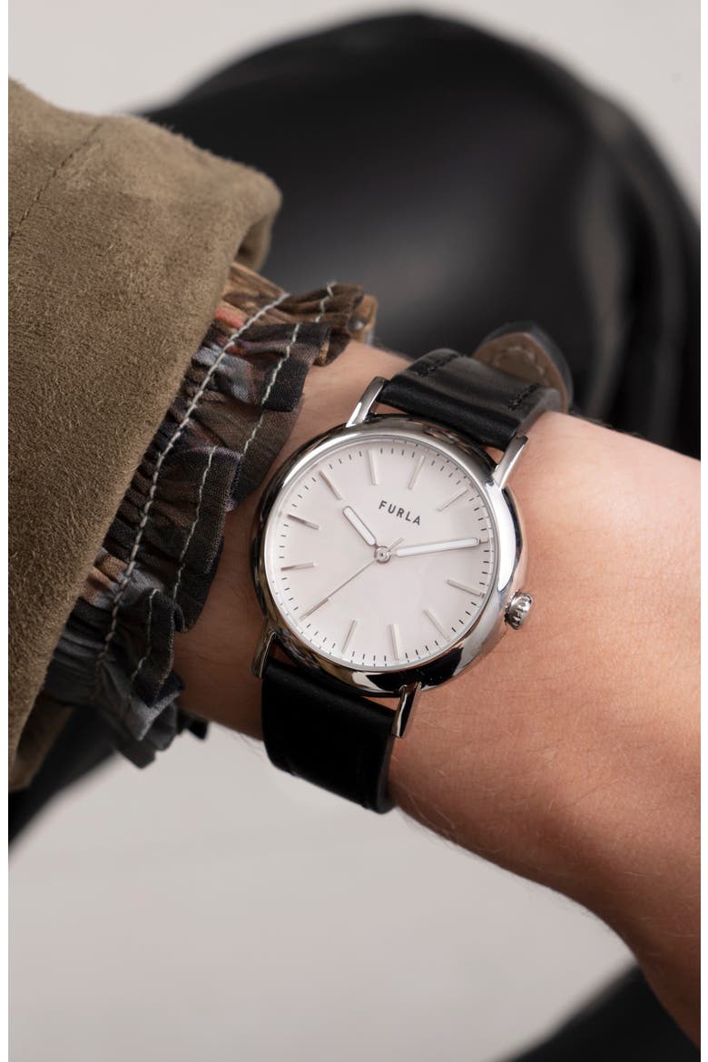 Easy Shape Leather Strap Watch, 32mm, Alternate, color, SILVER/ SILVER/ BLACK