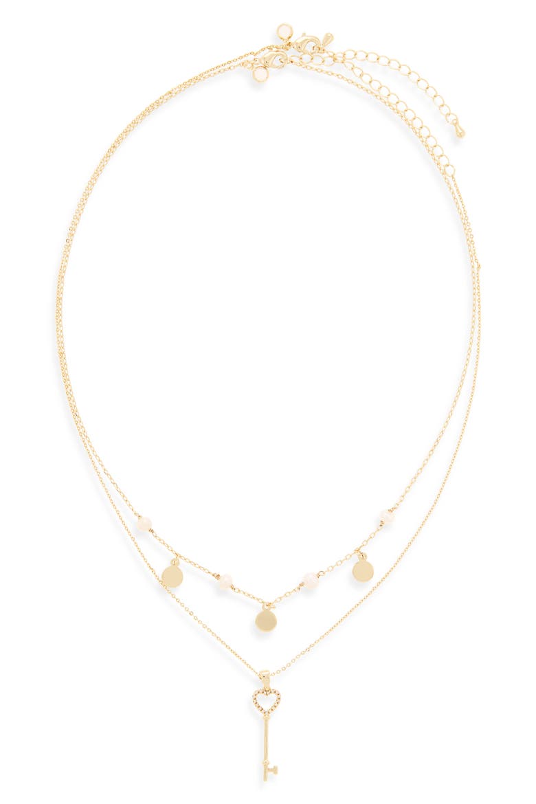 Set of Two Demi Fine Freshwater Pearl & Key Pendant Necklaces, Alternate, color, WHITE- CLEAR- GOLD