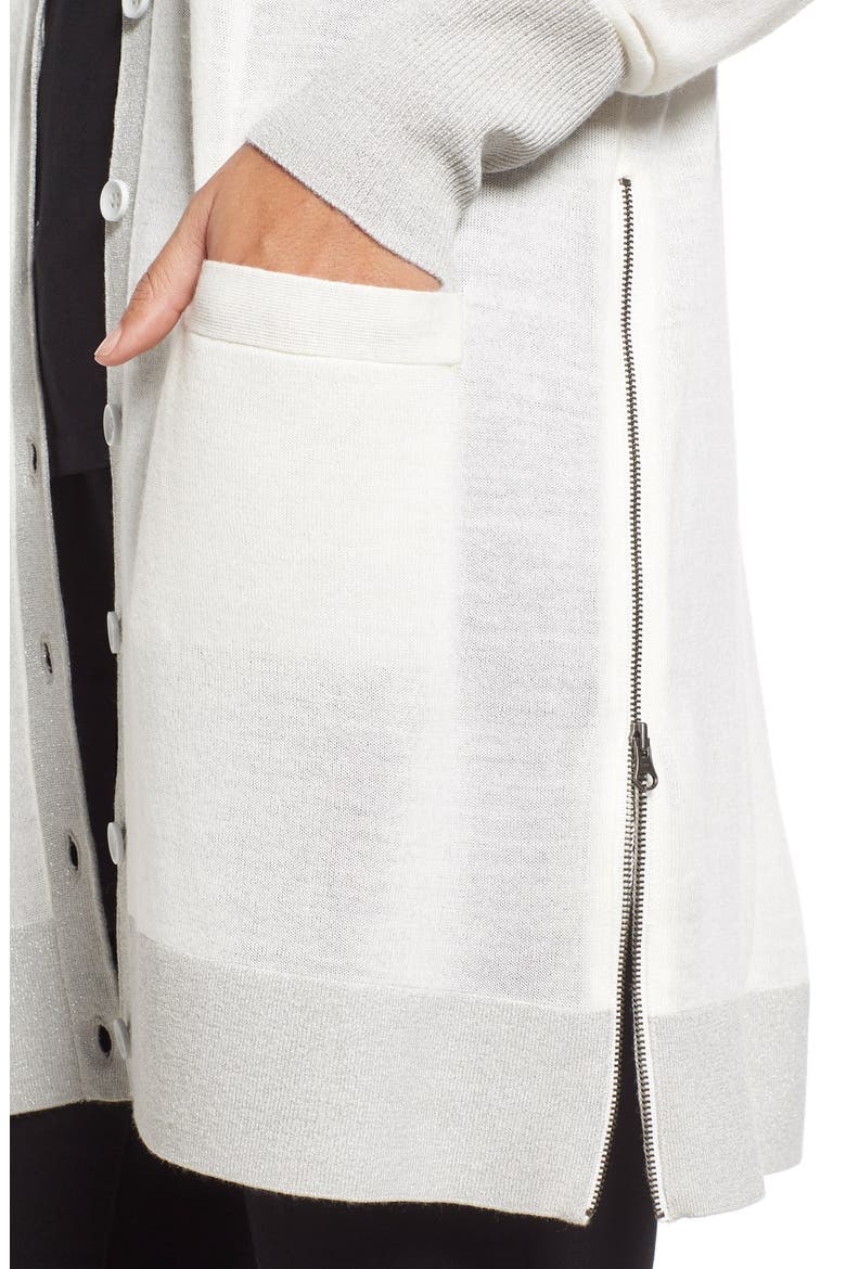 Side Zip Long V-Neck Cardigan, Alternate, color, IVORY LUREX