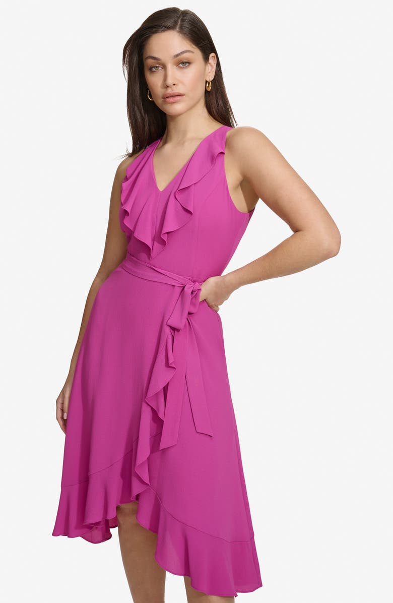 Kensie Ruffle Trim Faux Wrap Dress, Alternate, color, Fuchsia