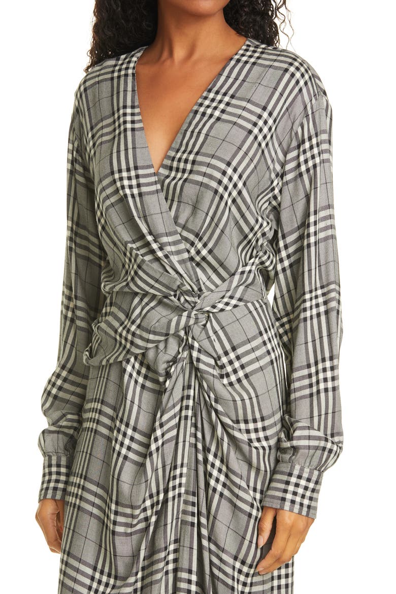 Amber Plaid Front Twist Long Sleeve Midi Dress, Alternate, color, BLACK/ WHITE